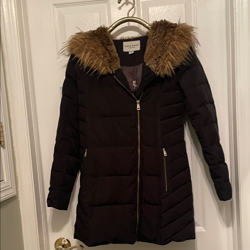 Cole Haan Black Quilted Puffer Coat with Brown Faux-Fur Hood Trim